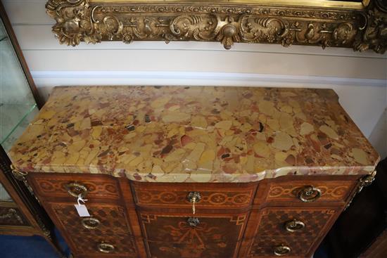 An early 20th century French Transitional style marquetry breakfront commode, W.4ft D.1ft 7.5in. H.2ft 11.5in.